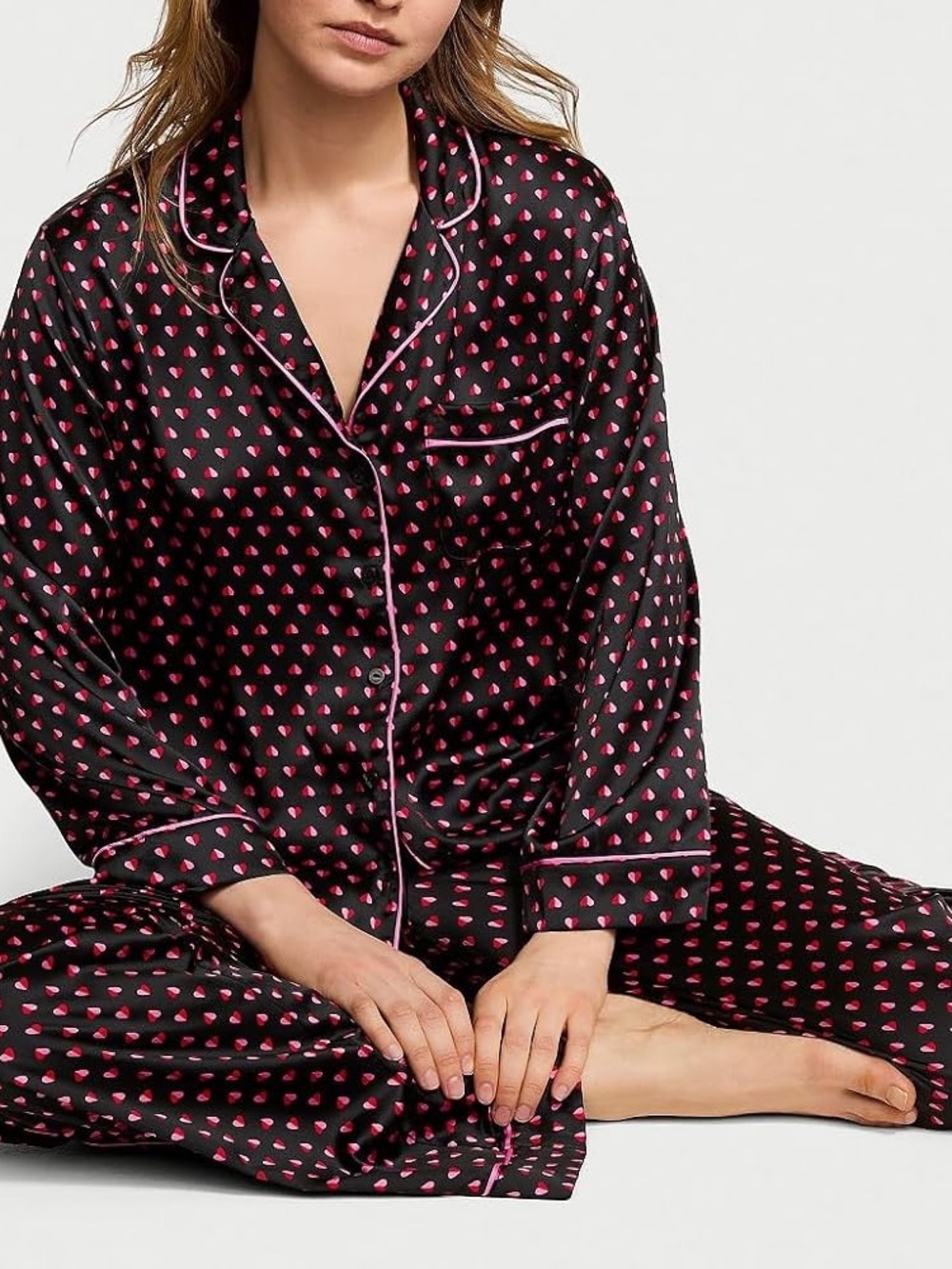 VICTORIA'S SECRET Pink Black Heart Glazed Satin Long Pajama Set XS NWT